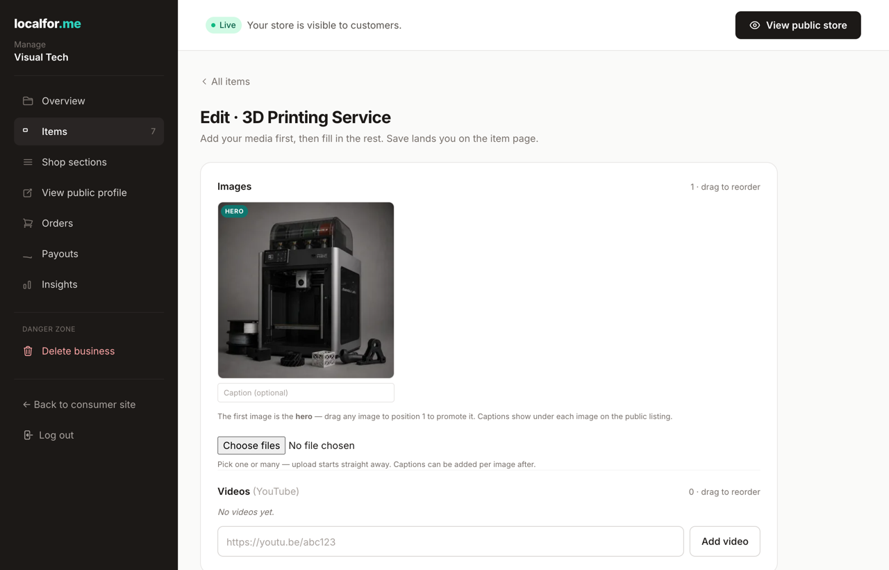 The item editor — media at the top, then the details.